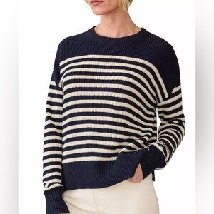 Faherty Navy and Cream Striped Crewneck Sweater
